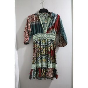 Boho Patchwork Print Dress‎ Medium Festival Resort Cottagecore Unique